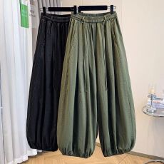 时尚工装系带高腰灯笼裤女夏季宽松显瘦束脚哈伦裤百搭阔腿休闲裤
