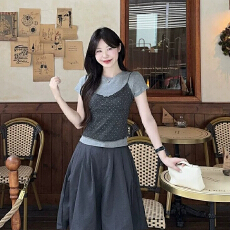 原版同款羊绒布韩版新款真两件套韩系甜美风女夏季短袖T恤上衣女