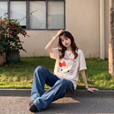 批发可爱小猫印花<b class='q'>短袖</b>T恤女26夏季新款宽松款时尚减龄T恤上衣
