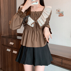 批发大码女装法式荷叶边黑色<b class='q'>长袖</b><b class='q'>衬衫</b>女秋季新款胖mm遮肚显瘦上衣
