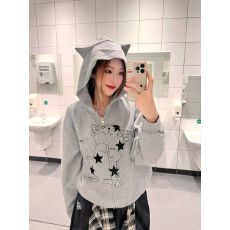 批发美式华夫格小猫耳朵连帽卫衣外套女秋季宽松慵懒风开衫上衣