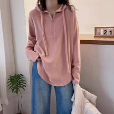 批发原版做工连帽半拉链打底衫<b class='q'>女</b>春秋欧货美拉德胖妹妹长袖<b class='q'>T</b><b class='q'>恤</b>上衣