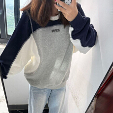 纯棉华棉薄款320g 印花+明线装饰撞色拼接圆领卫衣女