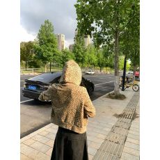 美式复古豹纹连帽卫衣女秋冬季新款休闲短款显瘦外套宽松开衫上衣