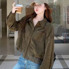 批发军绿色复古麂皮绒短外套女秋季小个子减龄休闲格纹拼接设计感上衣