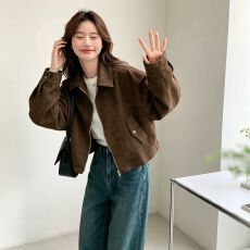 批发美拉德棕色外套潮春秋复古仿麂皮绒<b class='q'>百搭</b>设计感短款小个子上衣夹克