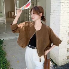 批发咖色复古美拉德麂皮绒外套女短款2026秋新款韩版又酷又飒圆领夹克