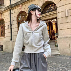 批发华棉刷毛复合 灰色连帽卫衣外套女秋冬季内搭小个子<b class='q'>修身</b>短款上衣