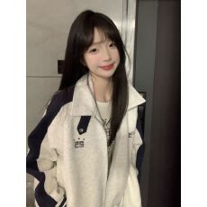 批发华棉复合美式复古翻领撞色拉链卫衣外套女春秋休闲情侣<b class='q'>夹克</b>上衣