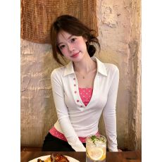 40支精棉亨利领波点撞色长袖T恤上衣女设计感早秋显瘦假两件