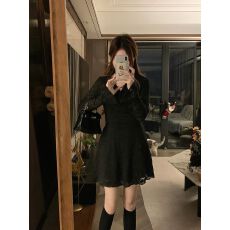 批发纯欲性感V领蕾丝拼接长袖连衣裙女秋季新款高级感<b class='q'>修身</b>显瘦a字短裙