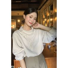 批发不规则翻领竖条纹长袖<b class='q'>衬衫</b>女秋季新款慵懒风<b class='q'>休闲</b>减龄宽松上衣