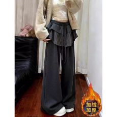 批发2026冬季高腰小众拼接花边休闲屁帘卫裤女<b class='q'>胖</b><b class='q'>MM</b><b class='q'>宽松</b>显瘦直筒阔腿裤