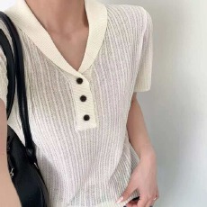 批发春夏复古老钱风小翻领麻花短袖针织衫亚麻莱赛尔t恤上衣