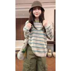 批发撞色圆领条纹针织长袖t恤<b class='q'>女</b>季新款时尚宽松休闲百搭上衣