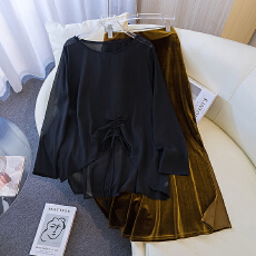 批发实拍-夏装搭配女装不规则抽绳金丝绒开叉高级设显瘦修身上衣裙子