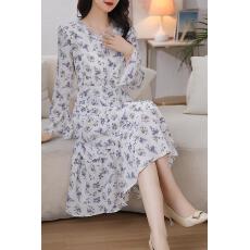 批发法式碎花连衣裙女长袖2026春季新款蕾丝花边V领收腰显瘦连衣裙