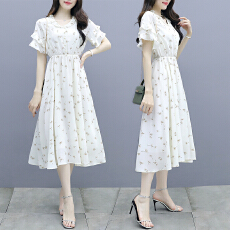 批发现碎花连衣裙女中长款2026年夏季新款复古收腰长裙短袖<b class='q'>雪纺</b>裙子