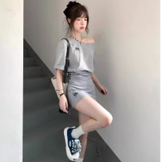 批发韩系少女休闲运动服套装女夏季收腰露斜肩短袖短裙气质简约两件套