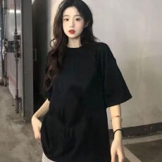 批发100%纯棉短袖黑色t恤女光板空白版上衣<b class='q'>宽松</b>夏季新款纯色圆领显瘦