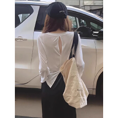 批发后背开叉镂空罩衫白色长袖t恤女2026新款早<b class='q'>秋</b>薄款露背上衣设计感