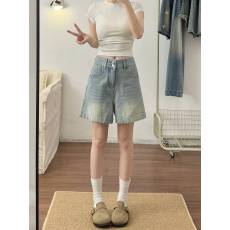 批发<b class='q'>浅色</b>牛仔短裤女夏季薄款大码胖mm宽松显瘦梨形身材高腰a字阔腿裤