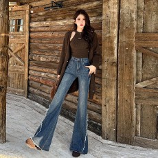 批发2026 韩版辣妹低腰重工水洗微喇牛仔裤高街复古显瘦毛边喇叭<b class='q'>长裤</b>