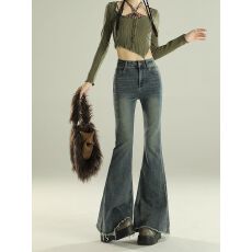 批发2026韩版复古毛边微喇叭牛仔裤女秋<b class='q'>高腰</b>辣妹设计感弹力拖地<b class='q'>长裤</b>