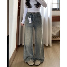 批发2026韩版美式复古水洗<b class='q'>高腰</b>a字大喇叭牛仔裤女秋小个子阔腿<b class='q'>长裤</b>子