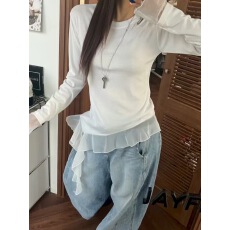 批发2026韩国东大门百搭春款网纱拼接下摆飘带长袖<b class='q'>T</b><b class='q'>恤</b>
