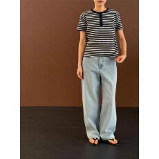 批发东大门<b class='q'>韩国</b>2026新款设计感撞色条纹针织短袖<b class='q'>T</b><b class='q'>恤</b>女纽扣领气质上衣