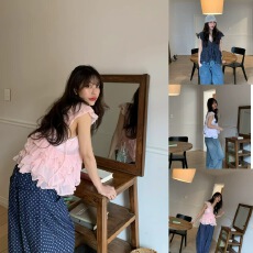 批发2026 <b class='q'>韩国</b>东大门百搭夏新荷叶边V领重工无袖<b class='q'>上衣</b>