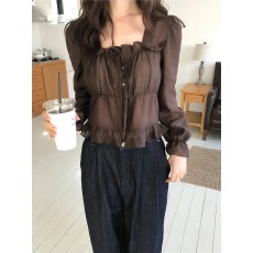 批发2026 东大门韩系法式甜美减龄温柔木耳边皱褶收腰雪纺衬衫上衣