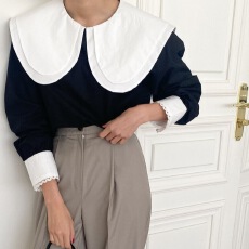 批发2026 <b class='q'>韩版</b>秋季新款法式百搭拼色娃娃领小众袖口蕾丝套头衬衫上衣