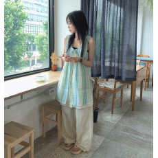 批发少女感百搭格纹<b class='q'>假两件</b>绑带无袖背心<b class='q'>连衣裙</b> 女