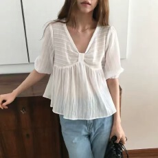 批发chic 2026<b class='q'>春</b>夏新款 韩国东大门 清透温柔显瘦V领半袖衬衫女