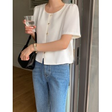 批发韩系圆领泡泡袖金扣短袖开衫外套 气质通勤显瘦短款上衣