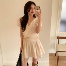 批发chic 韩系夏季法式交叉V领气质甜美绑带收腰显瘦雪纺<b class='q'>连衣裙</b>