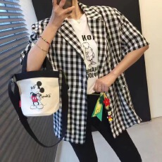 批发2026韩国宽松大码贴标薄款短袖中长款格子西装外套女