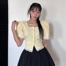 批发chic韩国东大门2026夏季优雅蕾丝方领短袖T恤