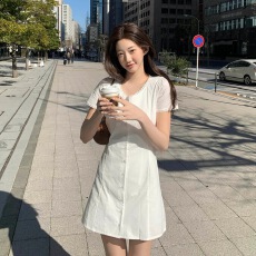 批发chic <b class='q'>韩国</b>夏季新款复古气质甜美<b class='q'>蕾丝</b>花边短袖单排扣A字连衣裙