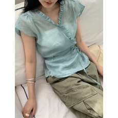批发<b class='q'>韩国</b>chic夏日荷叶边一片式绑带收腰短袖衬衫