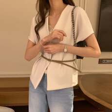 批发韩系简约气质V领一粒扣宽松袖口短袖夏季薄款短外套 不配腰带