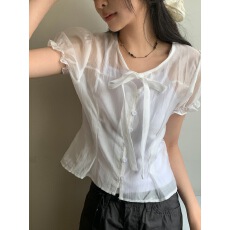 批发chic 韩系<b class='q'>夏季</b>法式温柔蝴蝶结系带泡泡袖薄款叠穿小众<b class='q'>衬衫</b>上衣