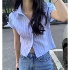 批发有货 韩国ins夏日气质 短袖 <b class='q'>衬衫女</b>高腰显瘦收腰条纹衬衣