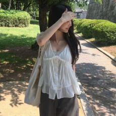 批发韩系纯欲蕾丝V领荷叶边下摆<b class='q'>娃娃衫</b>上衣漂亮小衬衫女款2026新款