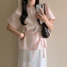 批发韩系简约气质优雅日常百搭圆领系带收腰显瘦<b class='q'>清凉</b>感上衣小衫