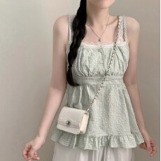 批发<b class='q'>韩版</b>减龄格子蕾丝花边拼接假两件吊带女薄款叠穿收腰显瘦<b class='q'>雪纺衫</b>