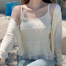 批发<b class='q'>韩版</b>温柔风褶皱短款吊带背心女<b class='q'>雪纺衫</b>气质显瘦内搭洋气无袖上衣