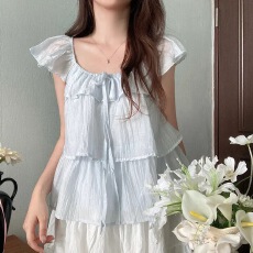 批发<b class='q'>韩版</b>温柔荷叶边小飞袖背心小衫女夏季纯色<b class='q'>雪纺衫</b>减龄上衣